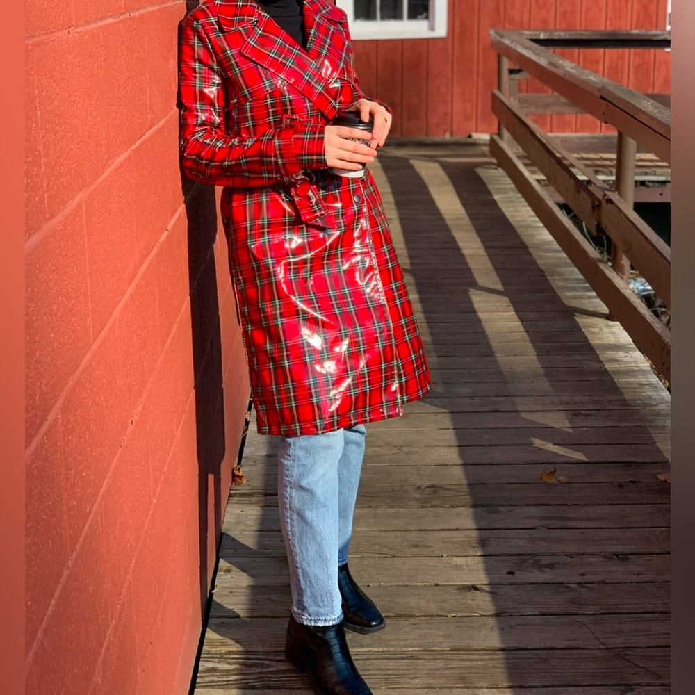 Plaid coated trench coat.
